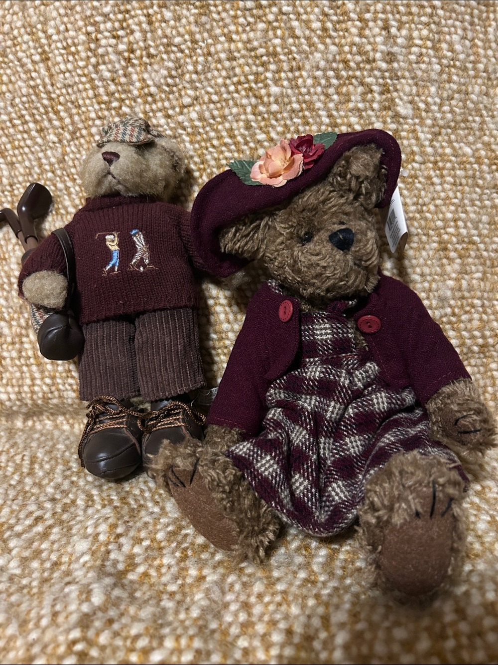 Plush Decorative Bear Pair in Burgundy Outfit by